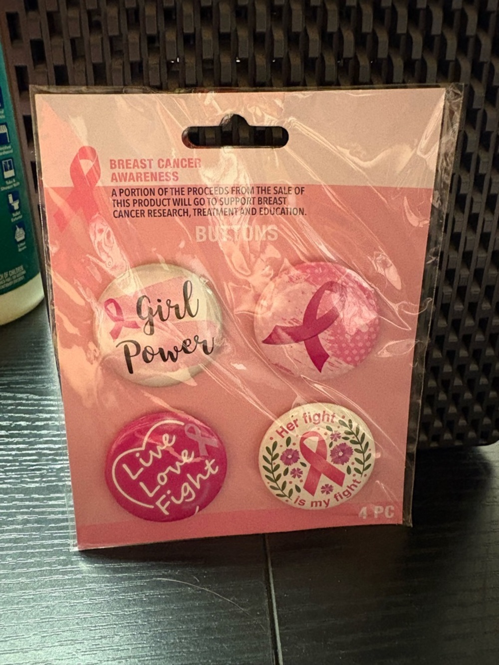 Breast Cancer Awareness Button Pins Set Girl Power Pink Ribbon 4pc